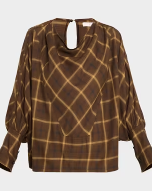 Draped Batwing Check-Print Tunic Top