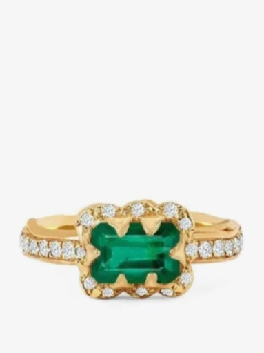 14K yellow gold micro Queen diamond and emerald ring