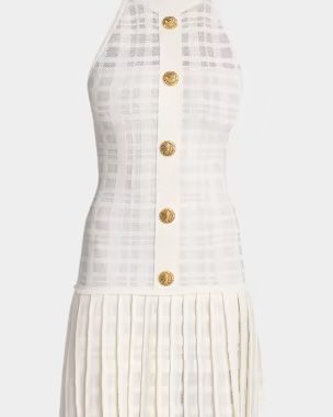 Button-Front Tartan Knit Pleated Mini Halter Dress
