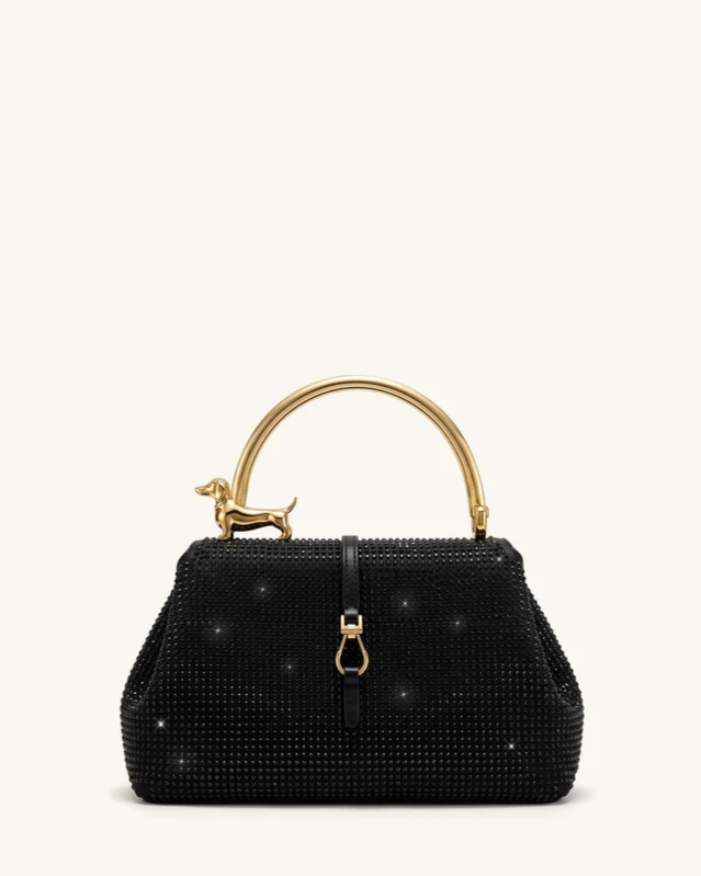 Bruna Artificial Crystal Dachshund Metal Handle Top Handle Bag - Black