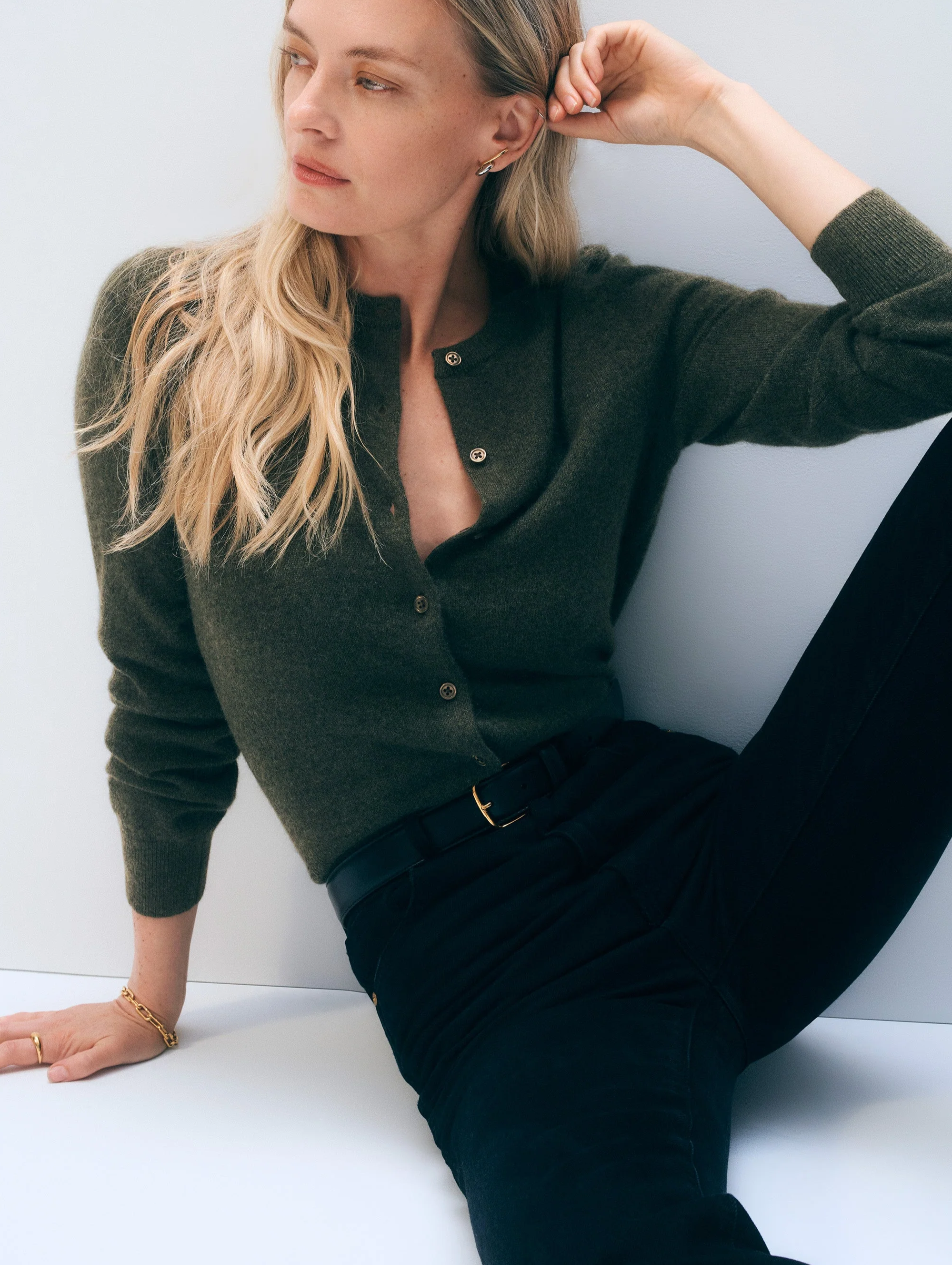 Cashmere Crewneck Cardigan | Thyme Heather