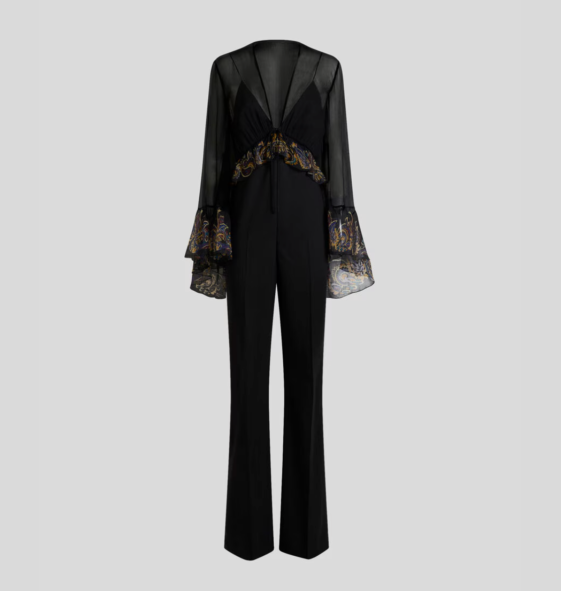 SILK-BLEND JUMPSUIT WITH PLACED PAISLEY FOLIAGE PRINT
