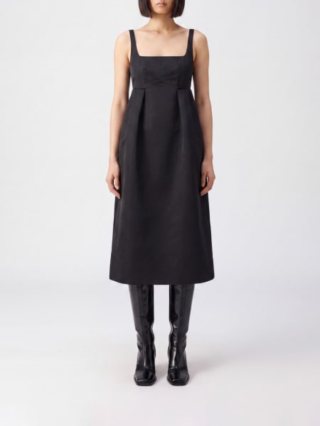 GIGLIO.COM Ganni Polyester Midi Dress with Square Neckline and Off-the-Shoulder Design