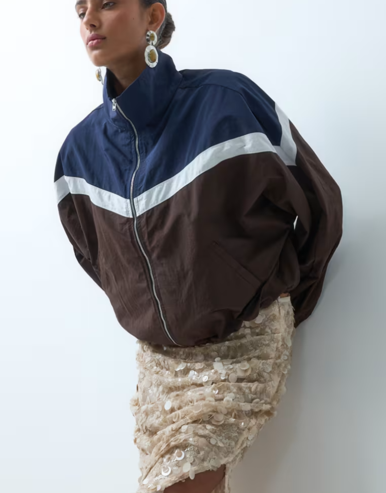 ASOS DESIGN block color batwing windbreaker jacket in navy and chocolate brown