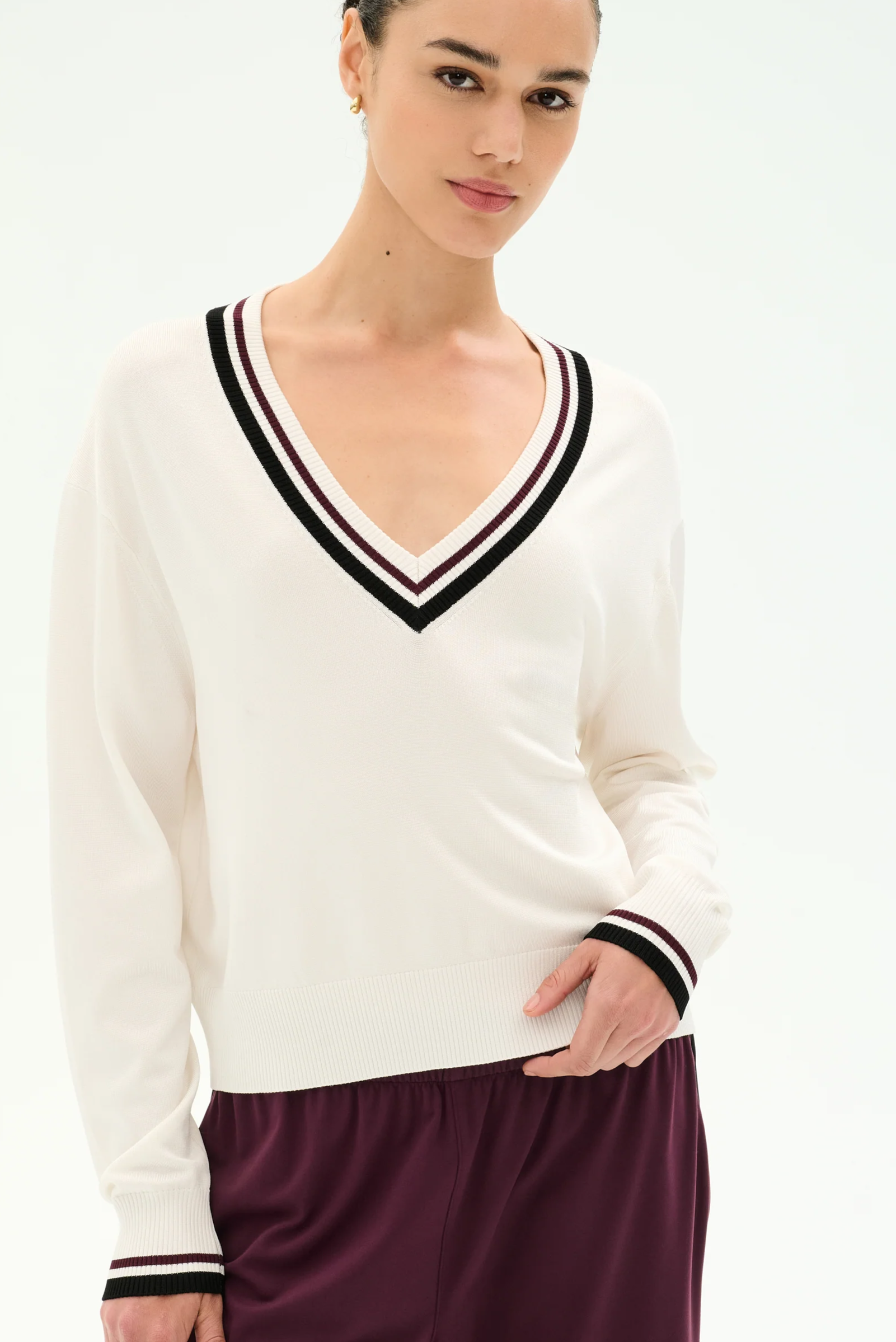Jemma Knit V Neck - White/Black