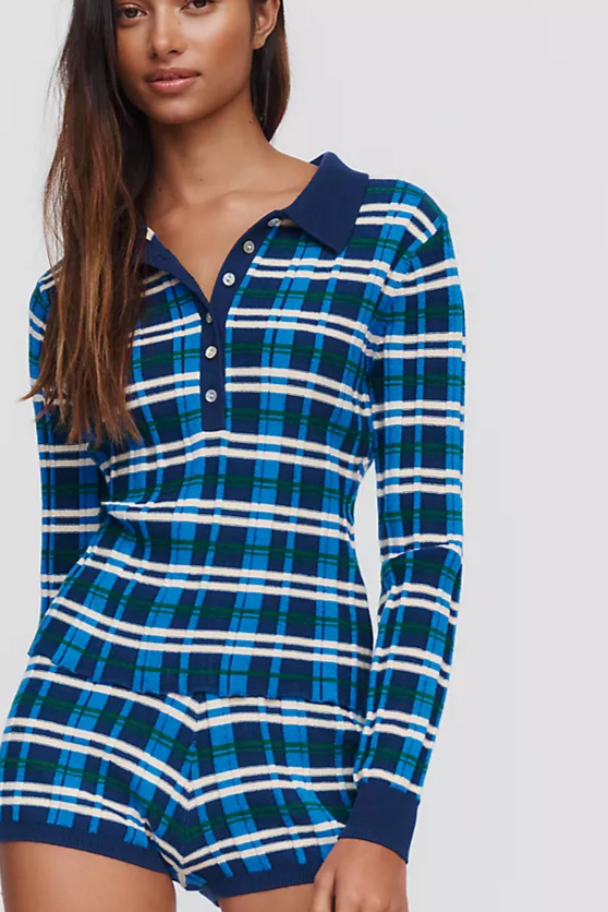 525 Sienna Plaid Ribbed Polo Top