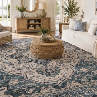 WAYFAIR VINTAGE MEDALLION COASTAL BLUE MACHINE WASHABLE NON-SLIP BACKING AREA RUG
