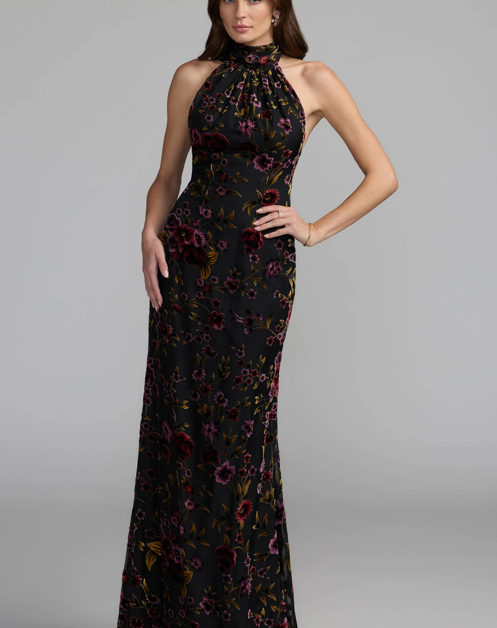 Black Floral Burnout Velvet Halter Gown