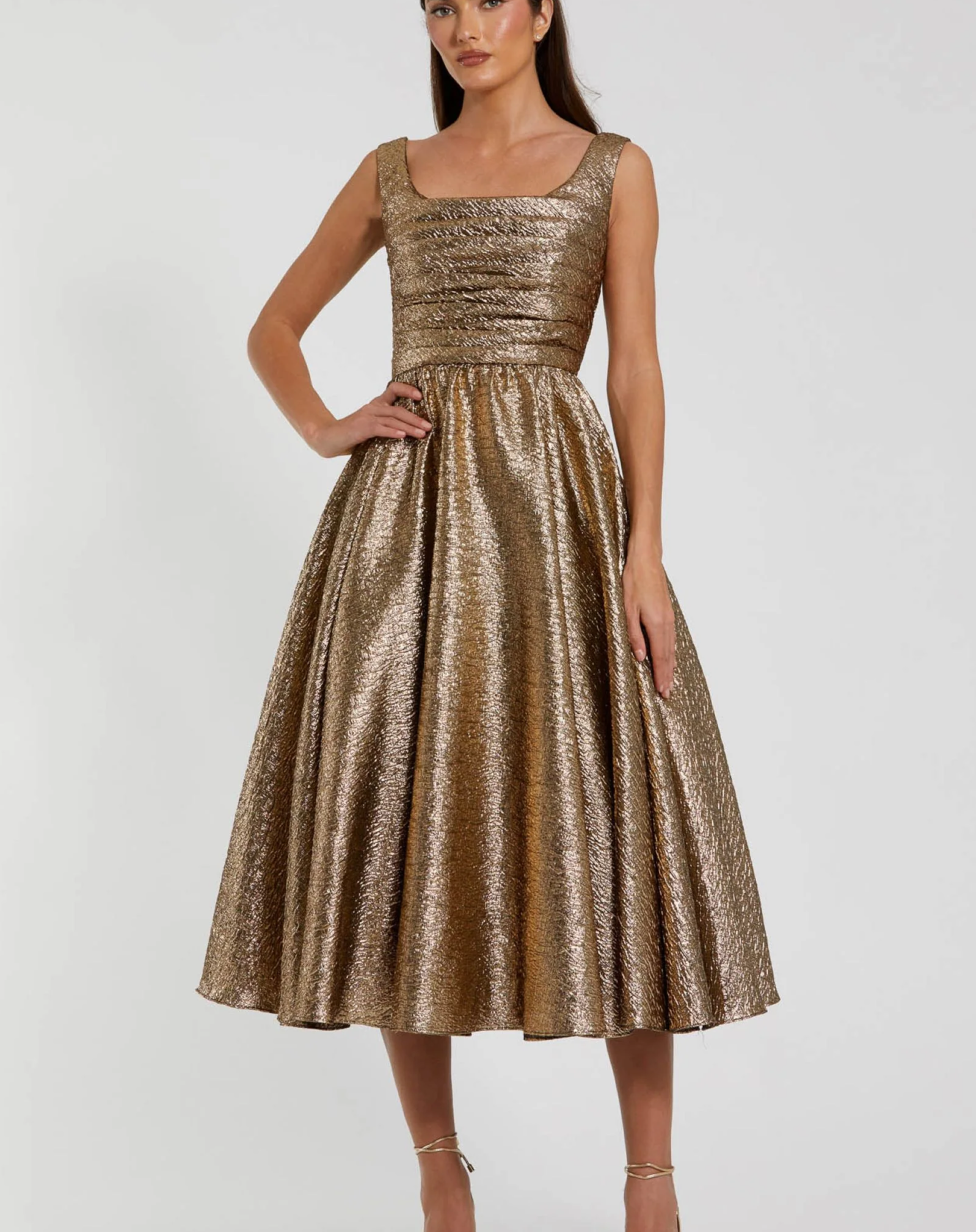 Dark Gold Square Neck Sleeveless Metallic Midi Dress