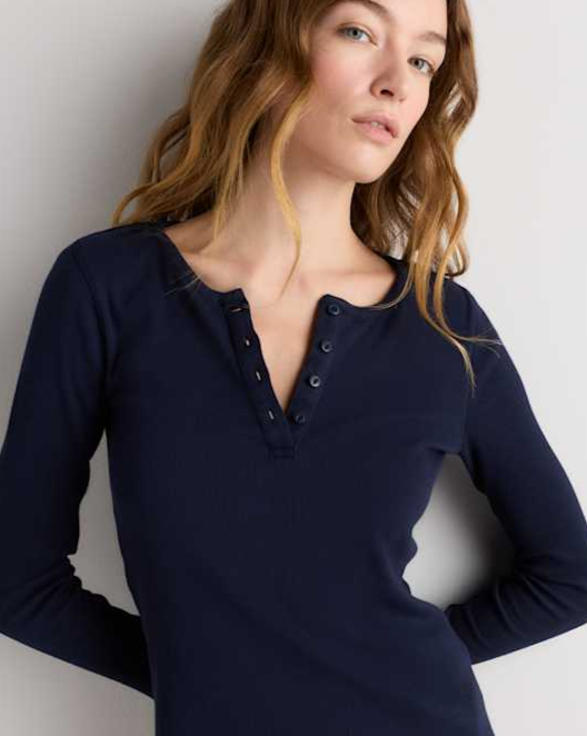 Deep Navy Organic Cotton Micro-Rib Henley Long Sleeve Tee