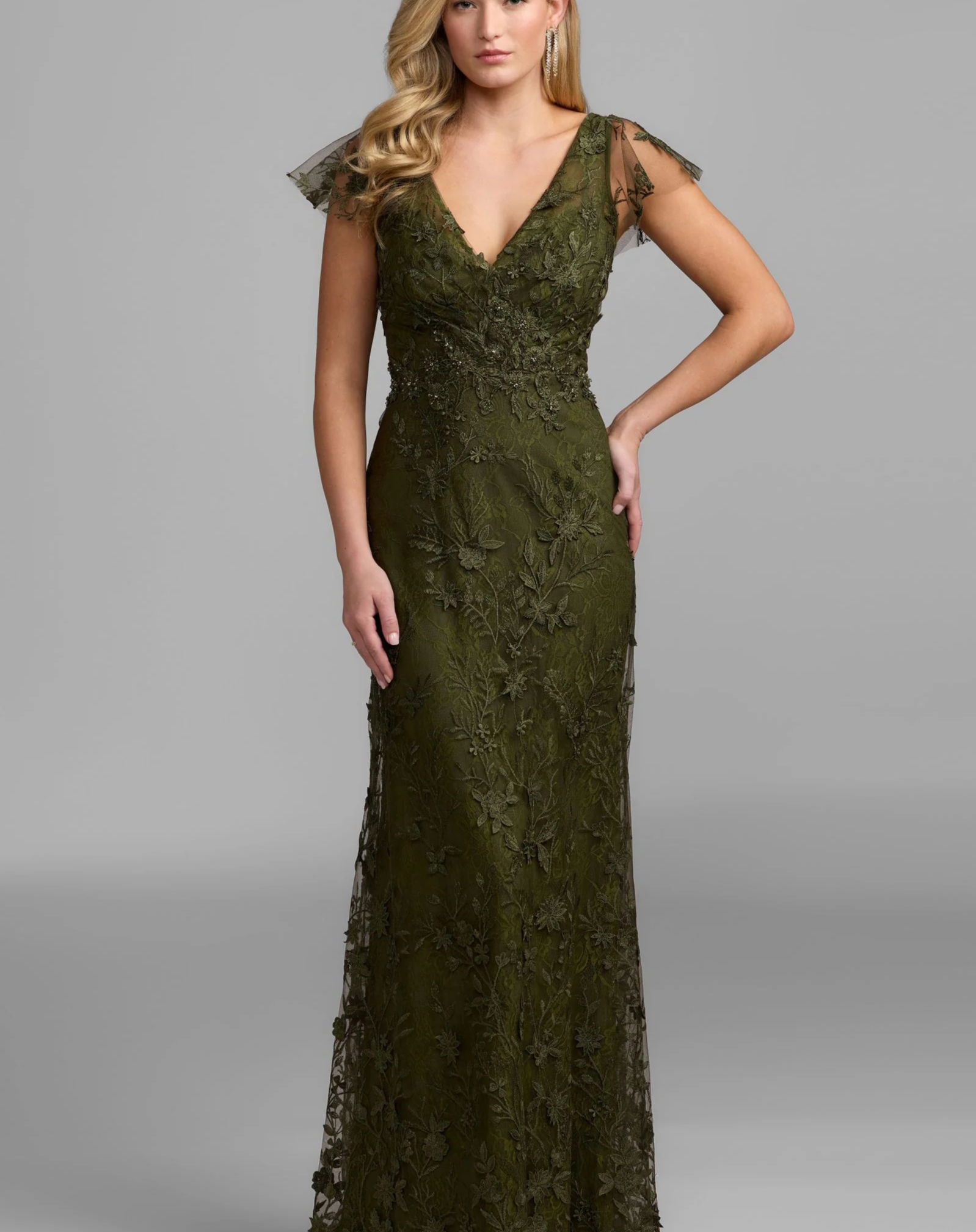 Petite Olive Embroidered Applique Wrap Over Flutter Sleeve Gown