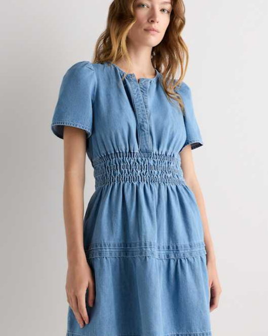 Light Indigo Blue Organic Denim Tiered Mini Dress