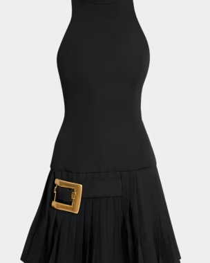 Belted Pleated Halter Mini Dress