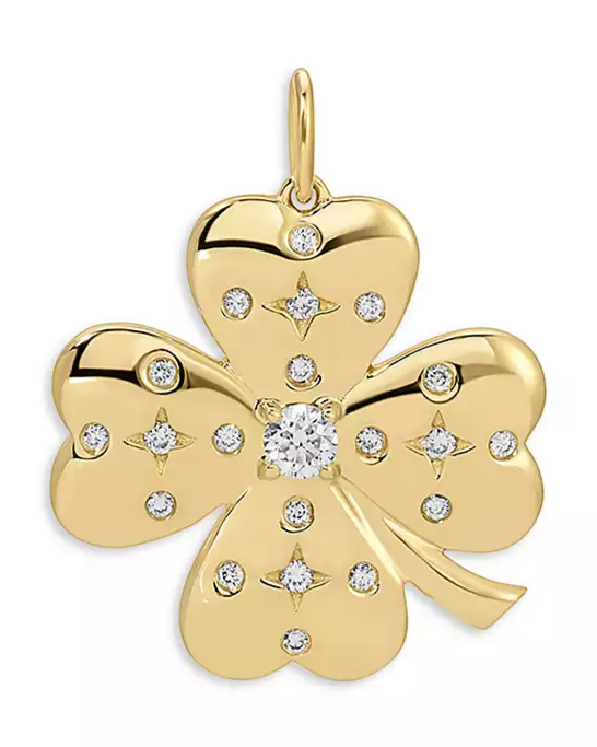 14K Yellow Gold Jumbo Lucky Clover Charm with Diamonds, 0.15 tcw