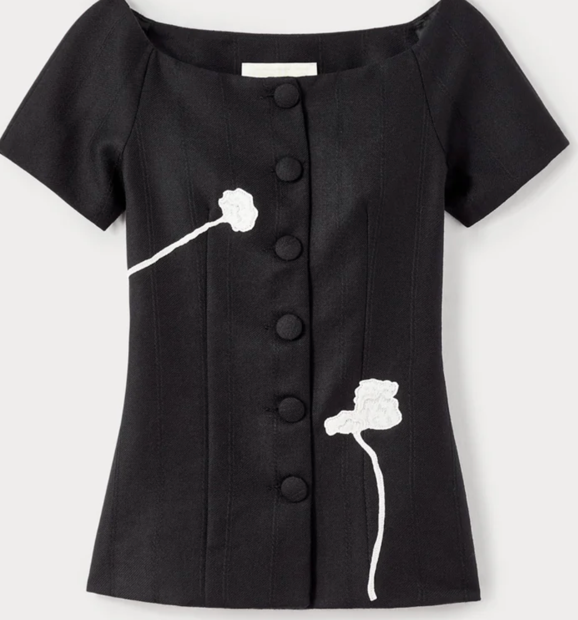 Black virgin wool top with floral embroidery