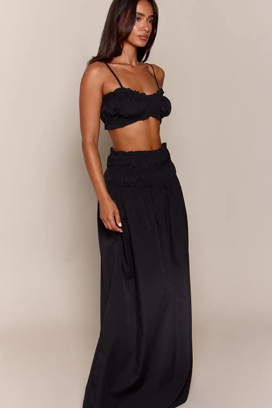 Petite Black Ruched Waist Frill Hem Woven Maxi Skirt Co-ord