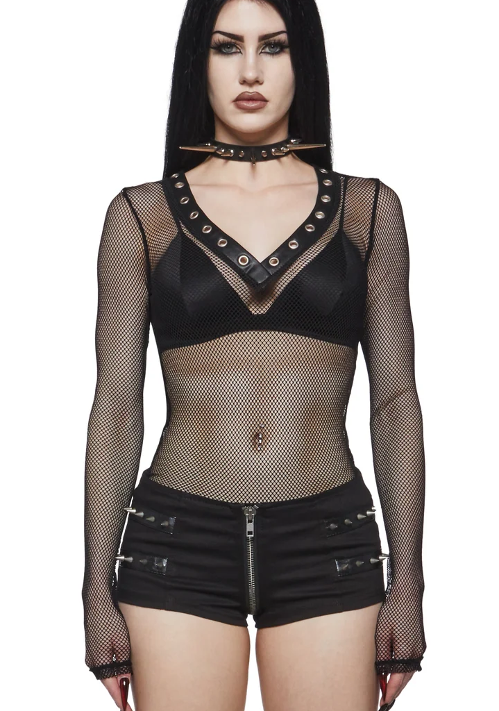 Grit V-Neck Fishnet Long Sleeve Top