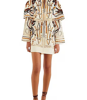 Equestrian Scarf Printed Winter White Split Round Neck Long Sleeve Mini Cape Dress