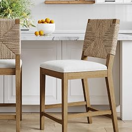 Nathan James Beacon Bohemian Boucle Bar Stool, Upholstered Counter Height Chair with Solid Wood Frame and Woven Seagrass Back for Kitchen Island, Light Brown/Seagrass/Cream Boucle