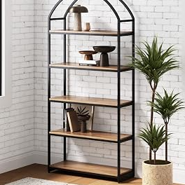 Nathan James Haven Etagere Bookshelf, 5-Shelf Bookcase in Oak Wood and Black Metal Frame with Arch Top and Open Shelves, Oak/Black