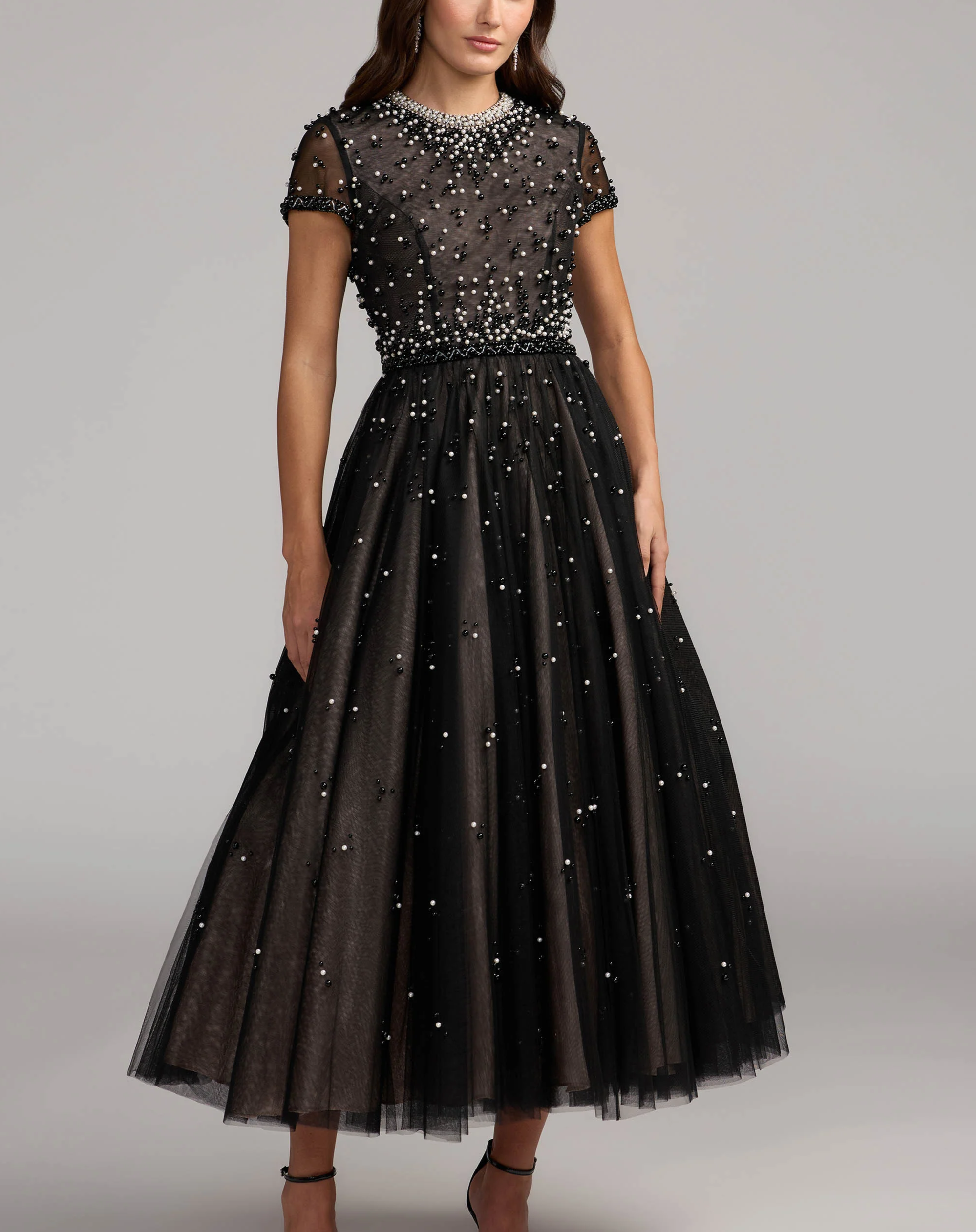 Black Embellished Pearl Tulle Midi Dress