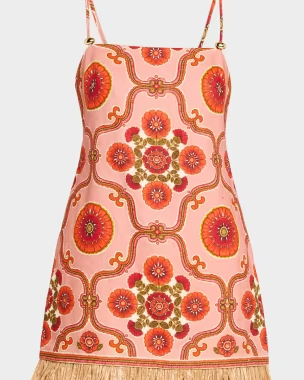 Valencia Printed Feather-Trim Mini Dress