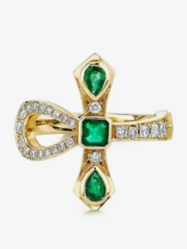 14K yellow gold Eternal Ankh emeralds and diamonds ring