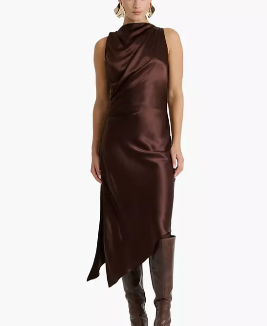 Women's Valentine High-Low Mock Neck Satin Midi Dress