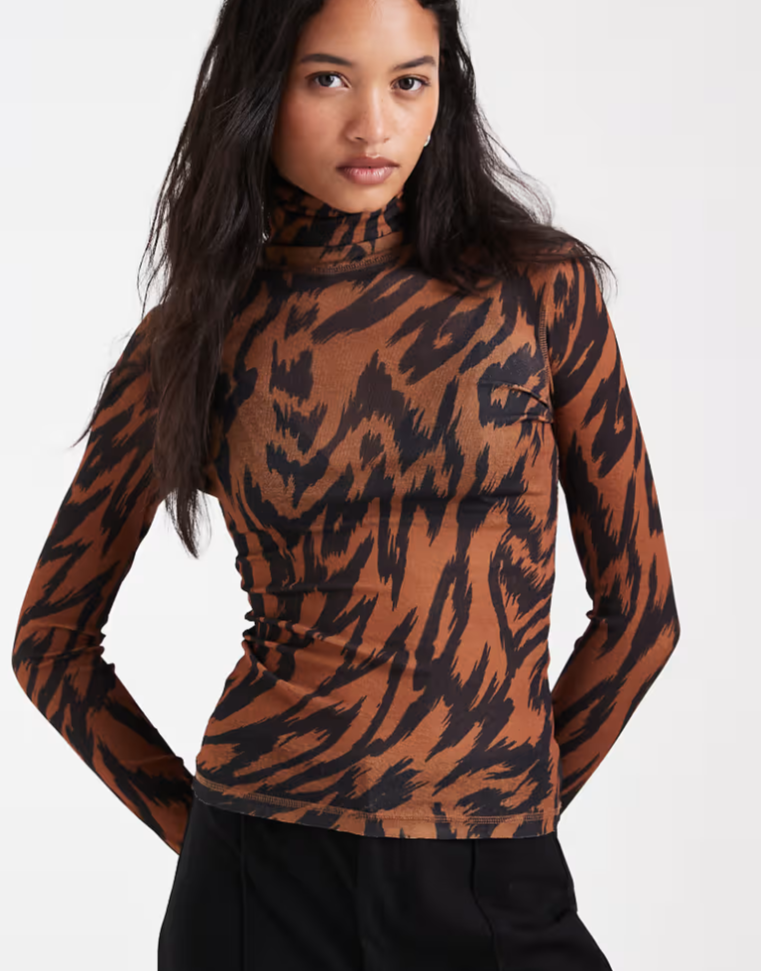 ASOS DESIGN sheer turtle neck long sleeve in brown zebra print