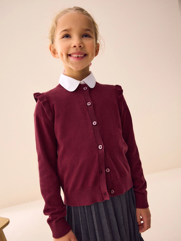 Burgundy Red Cotton Rich Frill Shoulder School Cardigan