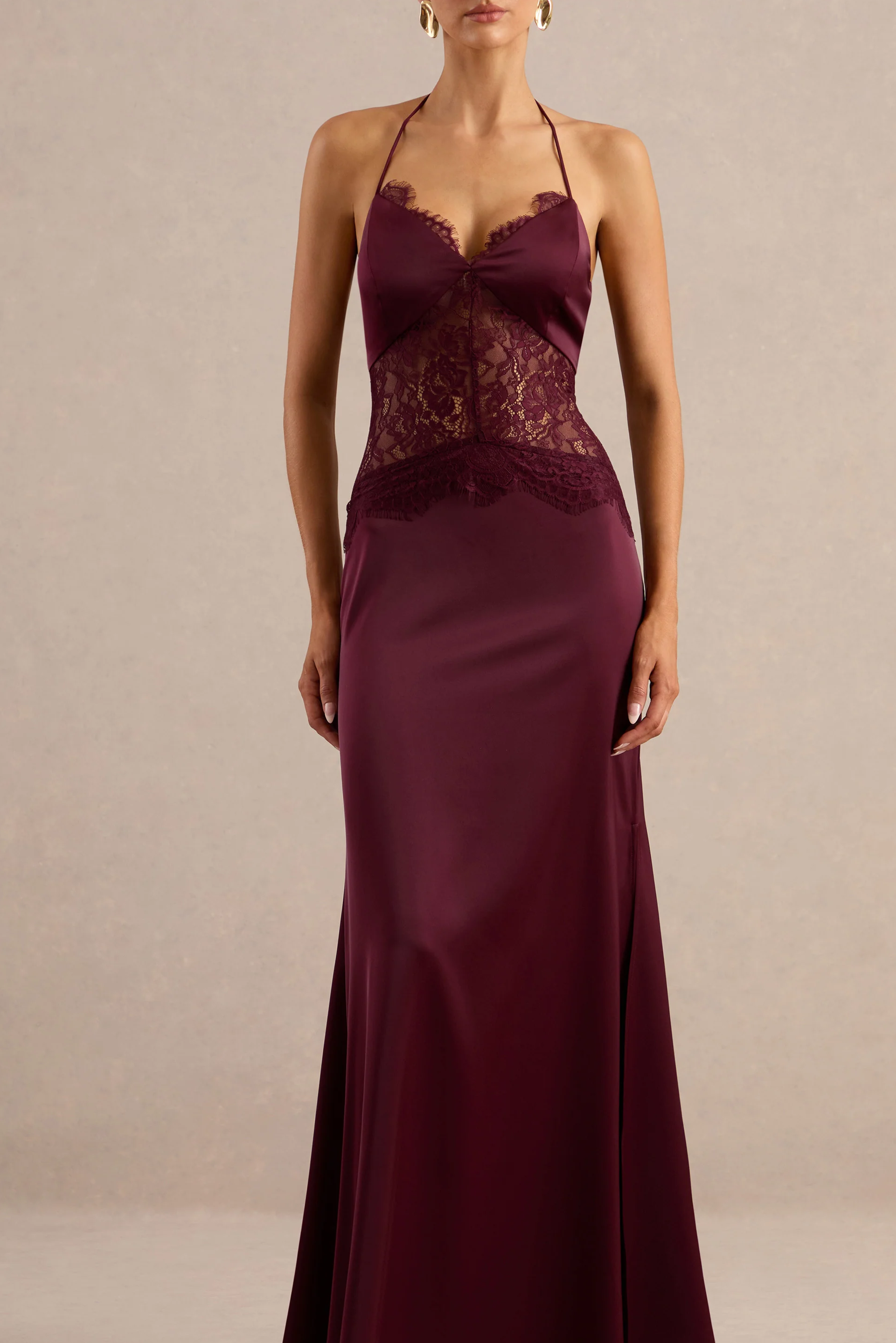 Burgundy Satin V Neck Maxi Dress with Tie Back and Sheer Lace Detailing