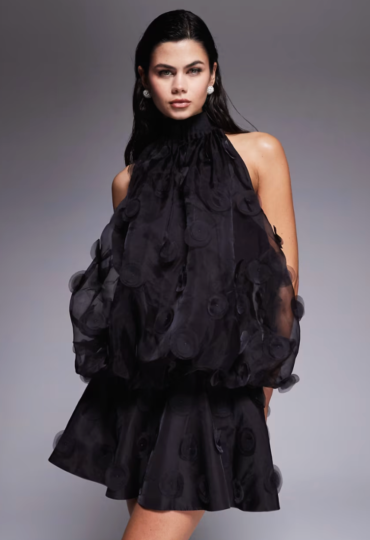 DESIGN high halter neck organza mini dress in brown