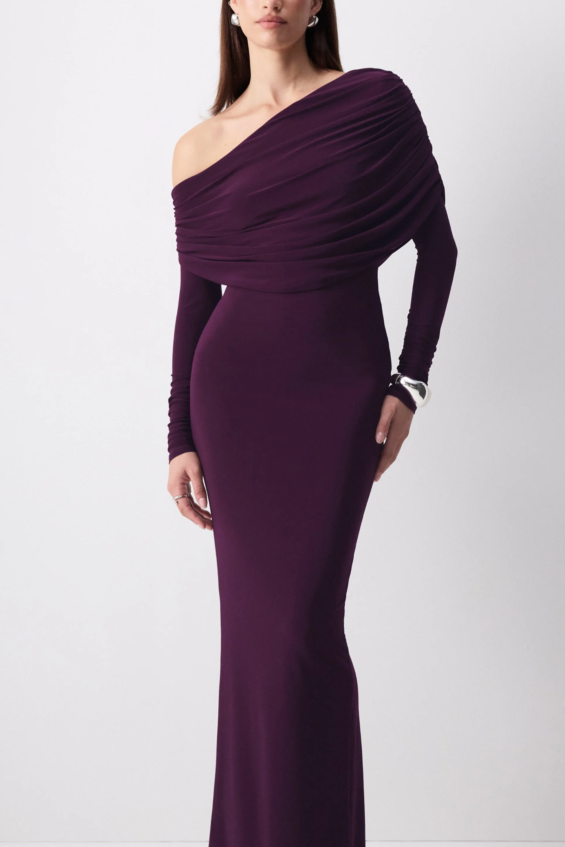 Purple Jersey One Shoulder Long Sleeve Maxi Dress with Ruching