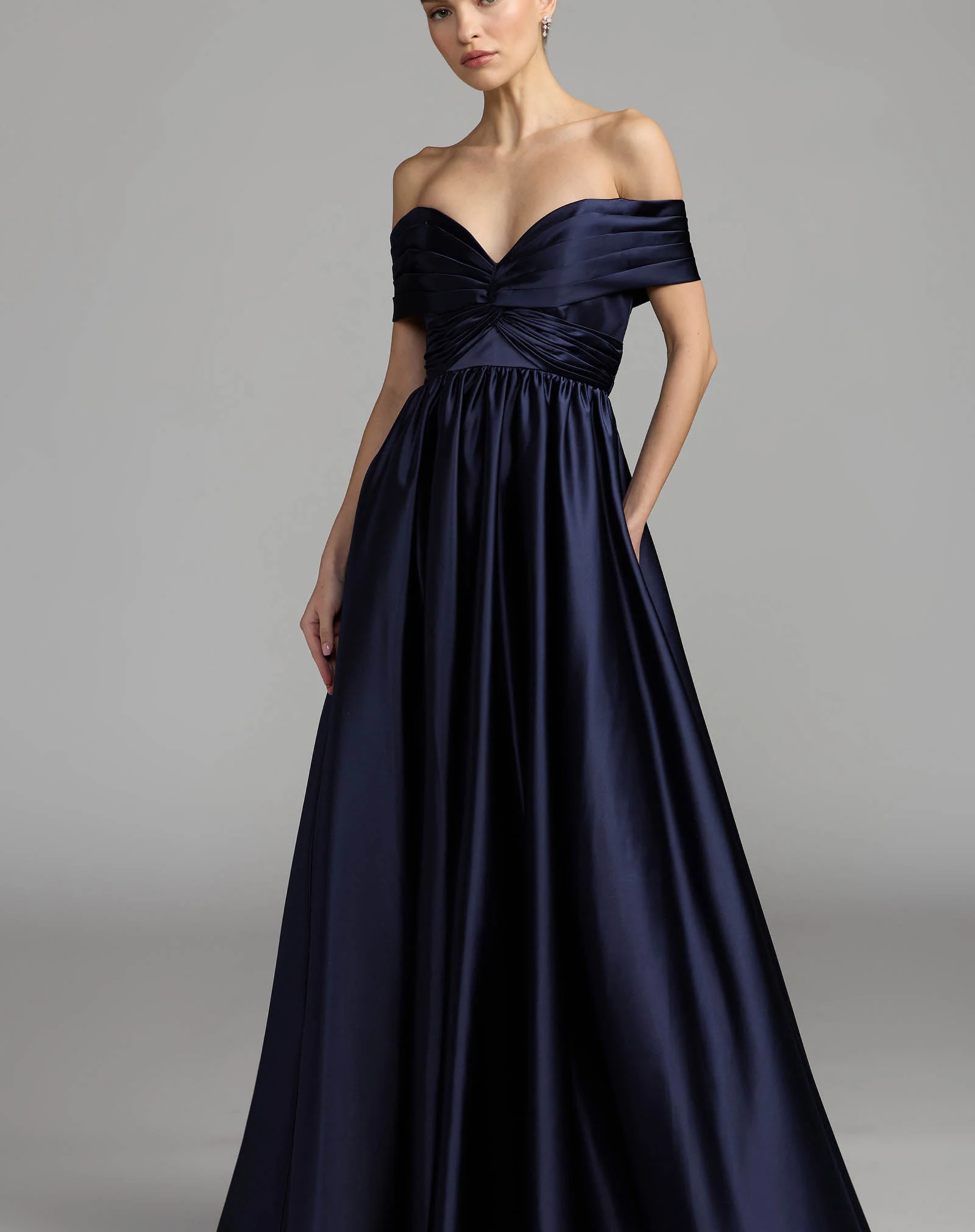 Navy Satin Off The Shoulder Twist Evening Ball Gown