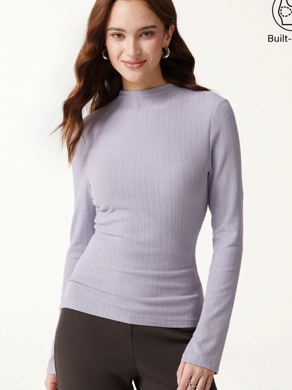 Prowarm Mock Neck Long Sleeve Cuff-Slit Built-In Bra Top