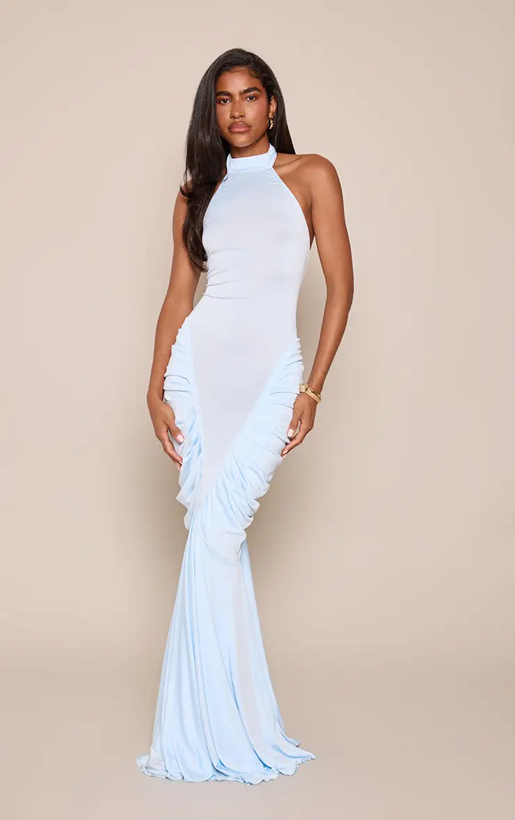 Baby Blue High Neck Ruched Hem Maxi Dress