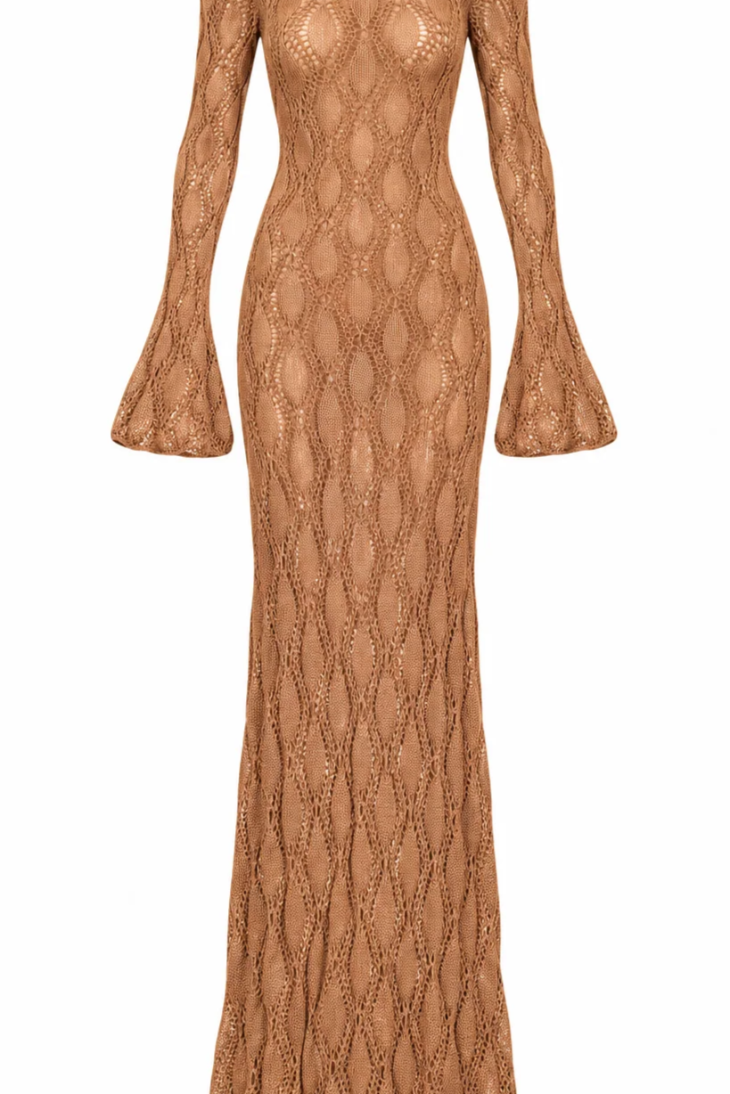 Crochet Tie Front Maxi Dress - Brown - S (Like New)