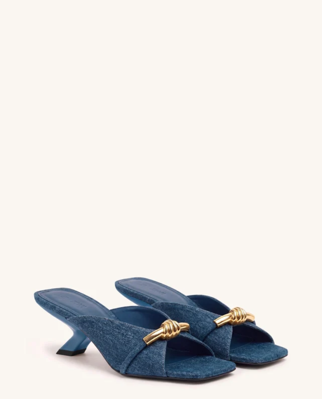 Lena Metal Rope Knot Denim Cross-Strap Heeled Sandals - Denim Blue