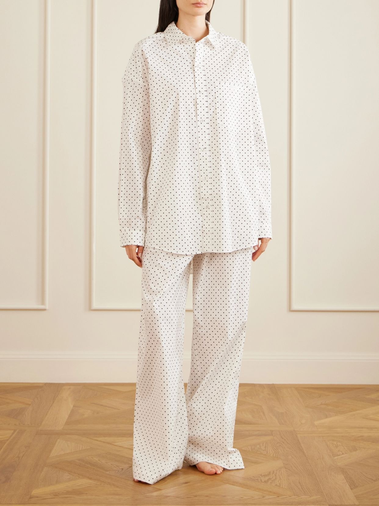 Polka-dot cotton-blend poplin pajama set