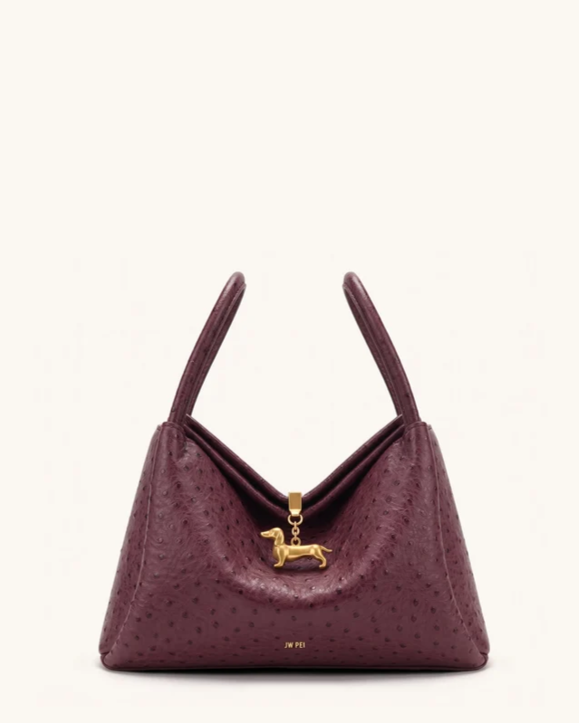 Maelle Faux Ostrich Grain Dachshund Charm Double Handle Bag - Berry Red