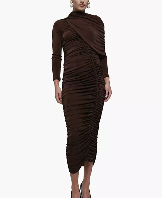 Women's Melina Wedding Guest Long-Sleeve Shawl Collar Midi Dress