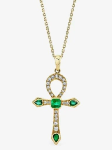 14K yellow gold Eternal Ankh emerald and diamond necklace
