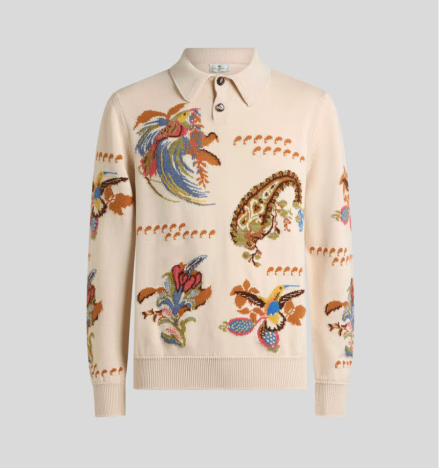 COTTON-BLEND JACQUARD POLO SWEATER WITH INLAYS