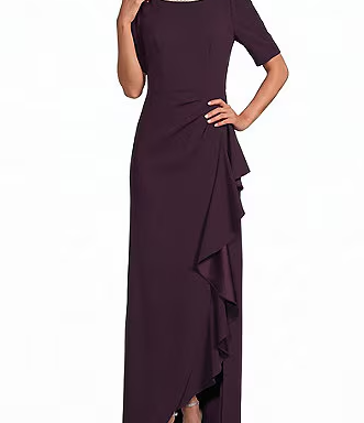 Alex Evenings Crepe Embellished Boat Neck 3/4 Sleeve Ruffle Cascade a Line Gown