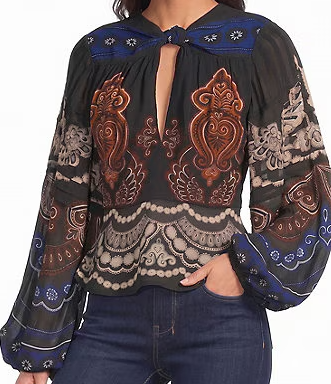 Nicole Printed Front Knot Keyhole Neck Long Sleeve Blouse
