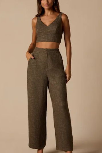 Chic and Sophisticated Taupe Tweed Wide-Leg Pants