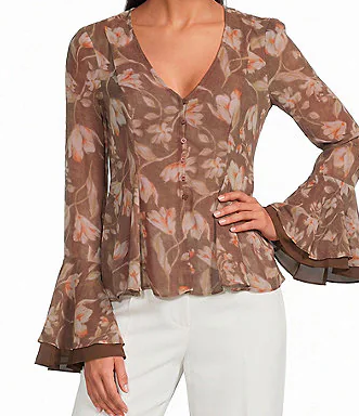 Emmet Floral Print V-Neck Long Sleeve Sheer Flowy Blouse Top