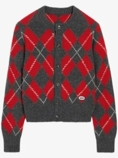 Grey wool cardigan in red argyle
