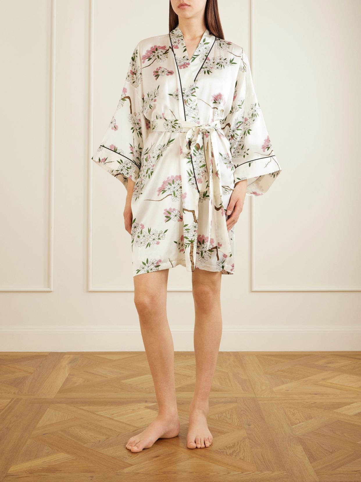 Mimi belted printed silk-satin robe
