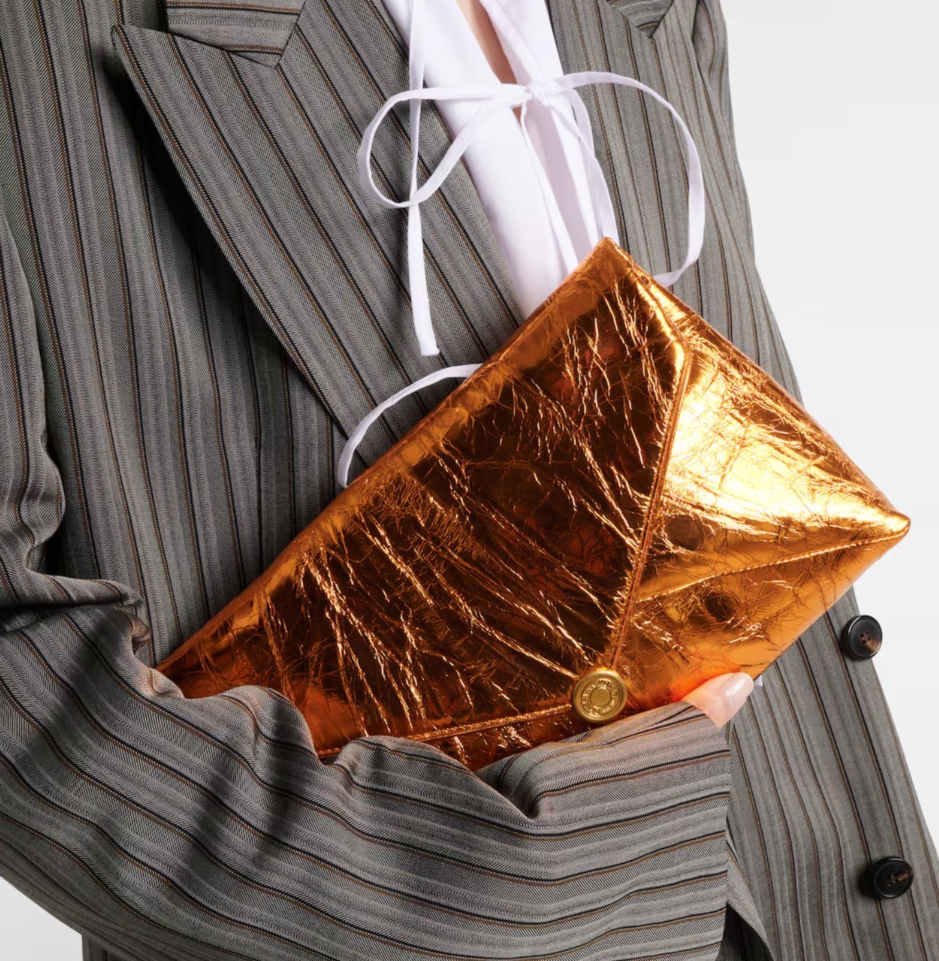Envelope Medium metallic leather clutch in orange - Dries Van Noten